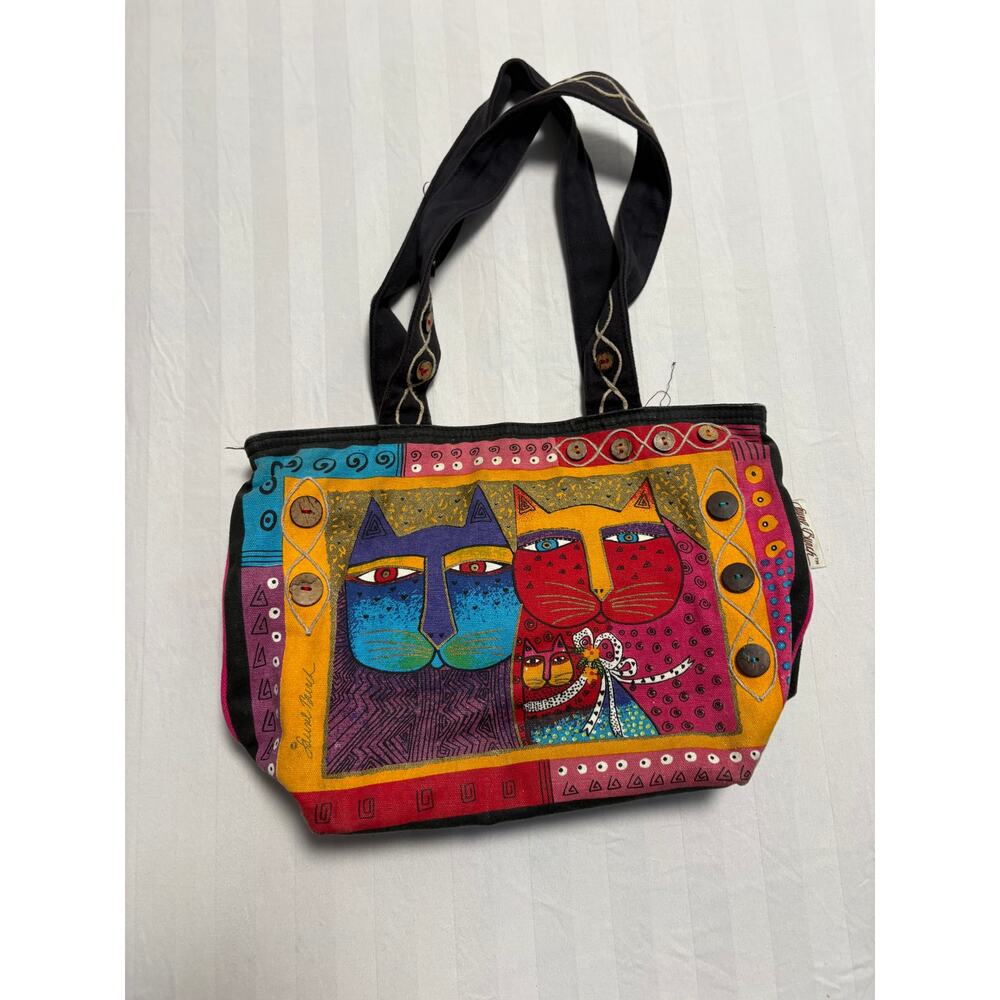Laurel Burch Colorful Cat Canvas Tote Bag Whimsical Art Purse